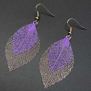 Gray and Purple Double Filigree Boho Leaf Dangling Yellow Gold Hook Earrings